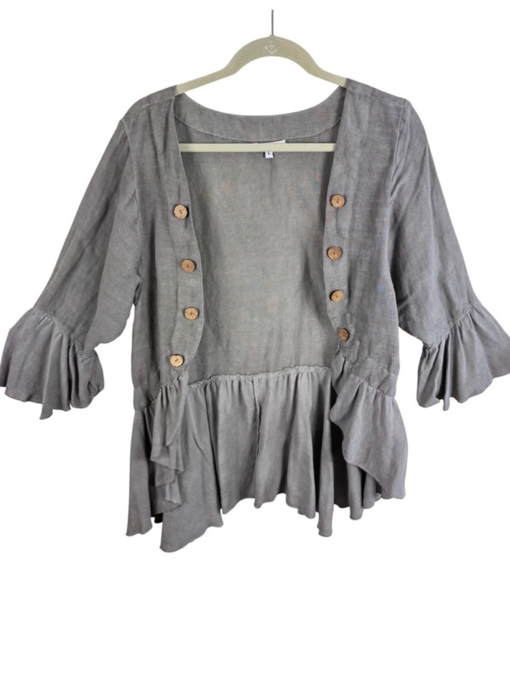 Crosstree Lane Grey Beige Linen Blend Ruffle Open Peplum Blouse Top Womens Large